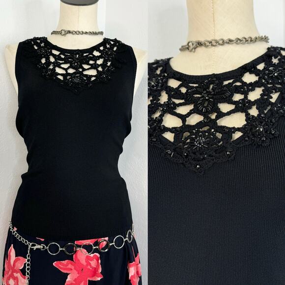 Vintage 90s Black Knit Detail Sweater Tank Top CABO Large - Picture 1 of 6